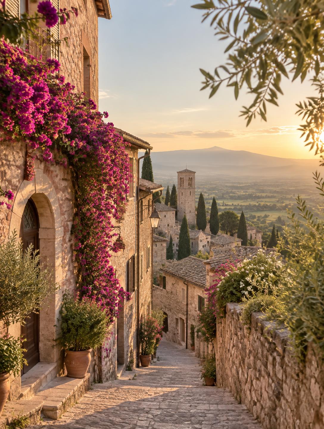 Una via fiorita di Spello al tramonto